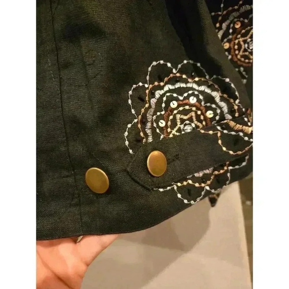 Mandarin Blue Women's Embroidered Black Linen Jacket 1X Button-Up Boho Artsy - Picture 9 of 11